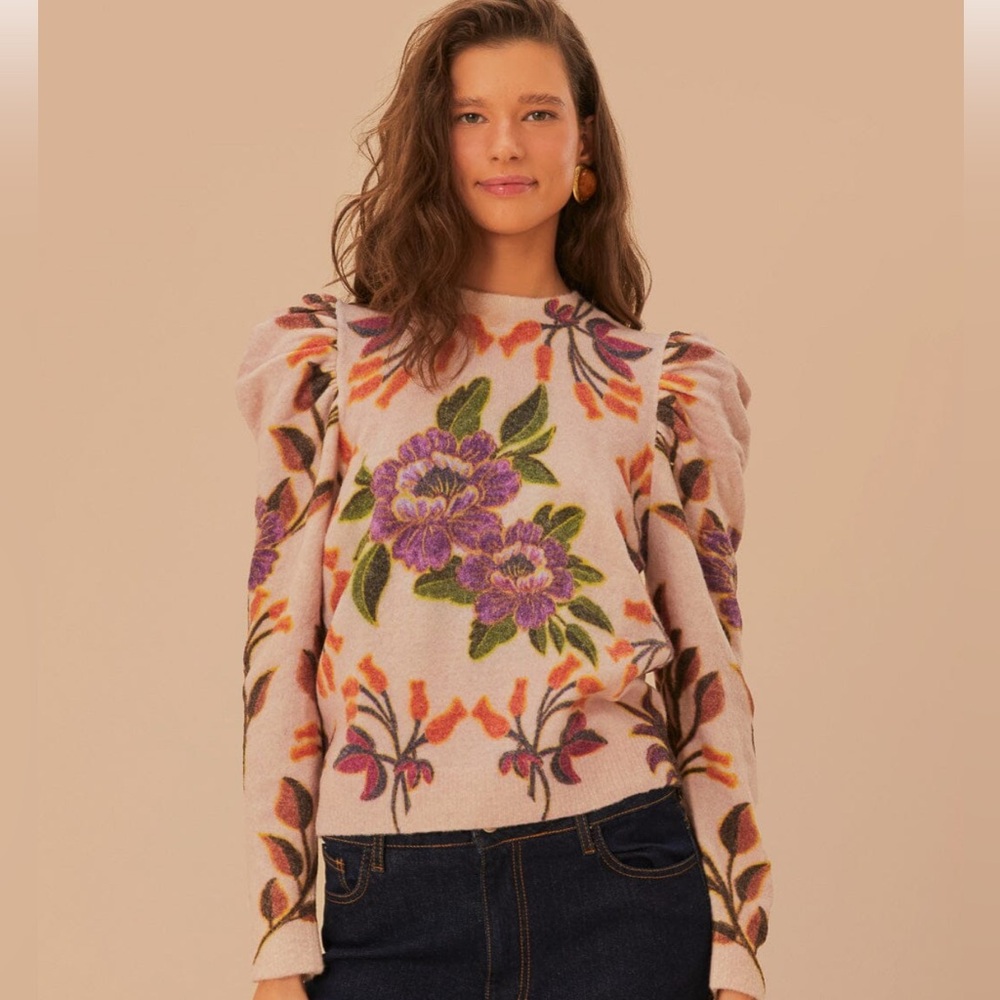 NWT Farm Rio Cream Winter Garden Knit Sweater floral puff sleeve XS